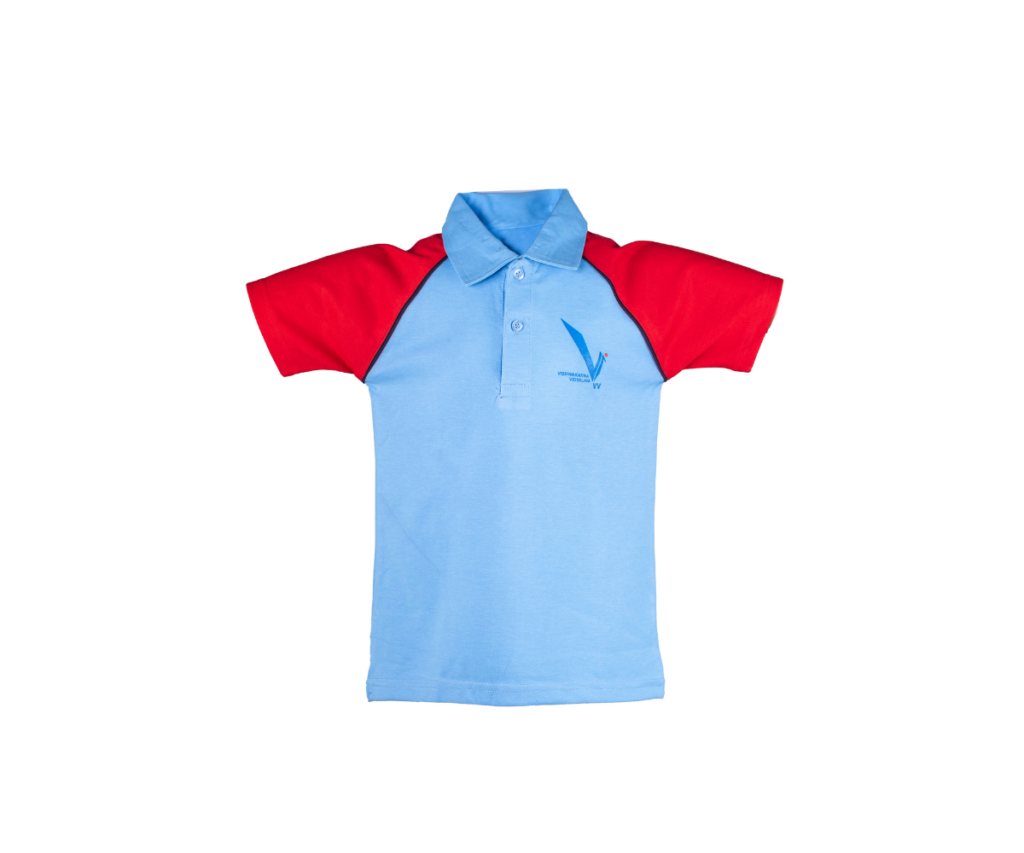 This Sky blue shirt with sleeves red is likely part of the uniform at VVS English.