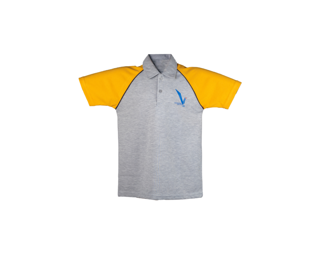 This Grey Tshirt Sleeves Yellow is likely a sports or casual wear option within the VVS Marathi school uniform.